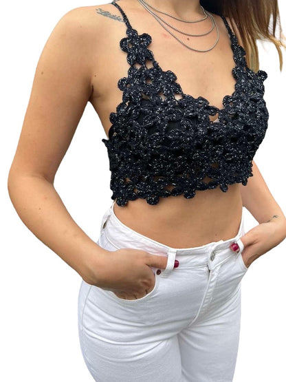 Black Flower Handmade Crop Top